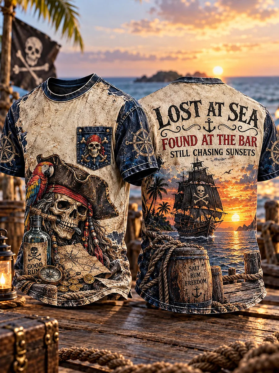 Men’s Lost at Sea Found at the Bar Sunset Pirate Graphic Pocket T-Shirt