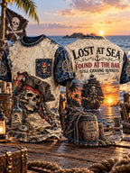 Men’s Lost at Sea Found at the Bar Sunset Pirate Graphic Pocket T-Shirt