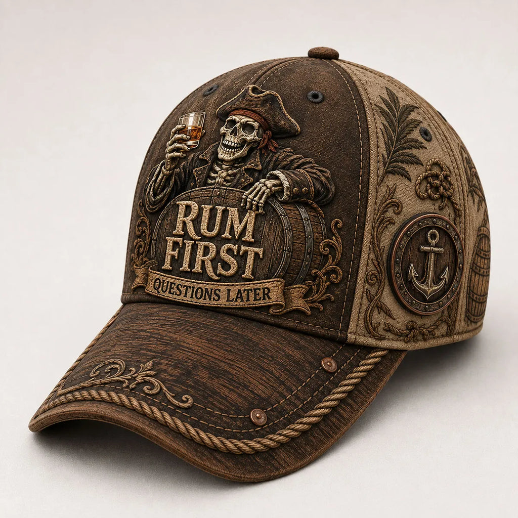 Rum First Questions Later Pirate Skull Baseball Cap
