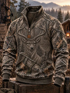 Men's Retro Deer Hunting Print Casual Zip-Up Sweatshirt