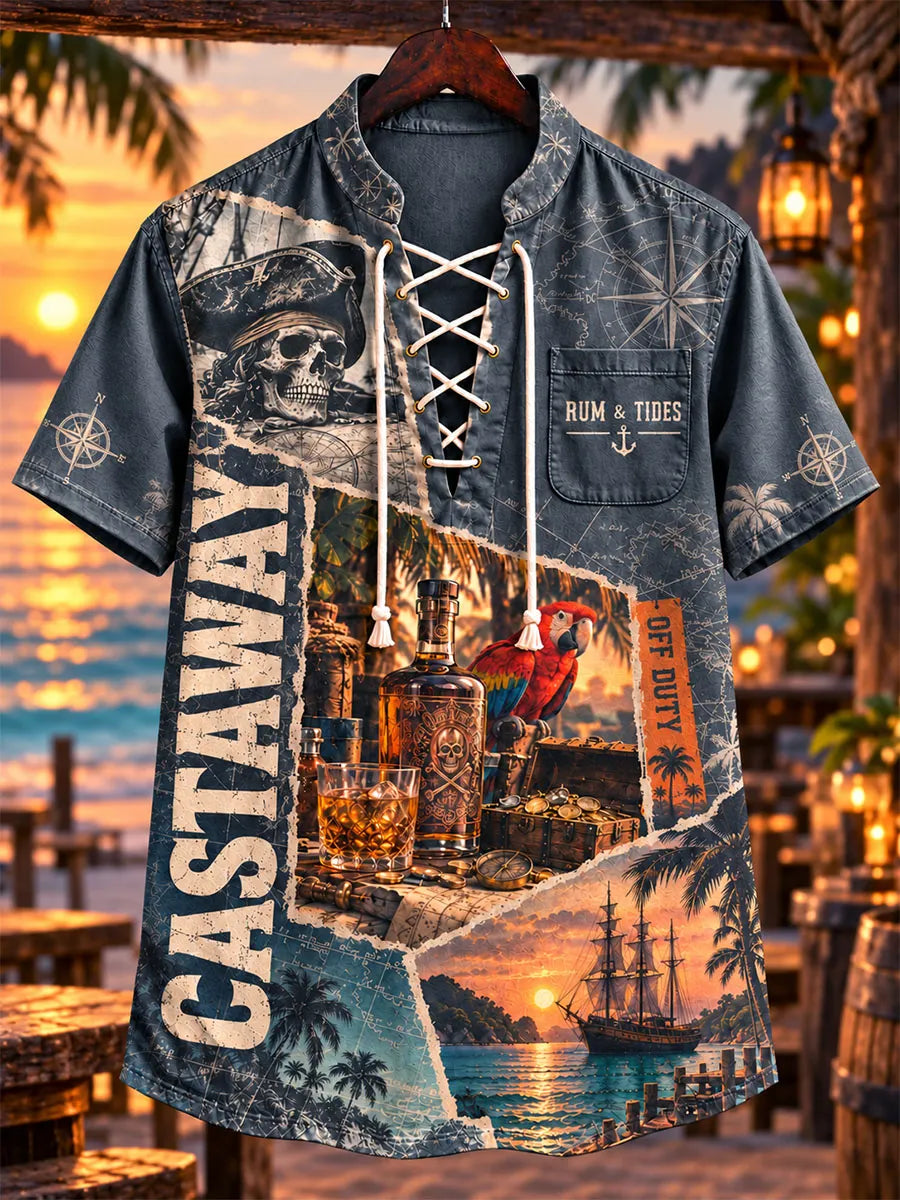 Pirate Nautical Collage Lace-Up Short Sleeve Shirt