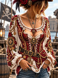 Women's Vintage-Style Pirate Art Print Casual Top