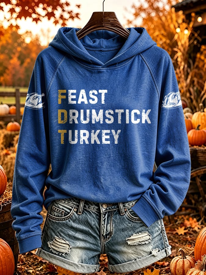Retro Thanksgiving FDT Feast Drumstick Turkey Print Hoodie