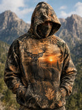 Men's Whitetail Buck Sunset Hunting Print Thermal Base Layer Hoodie with Built-in Gaiter