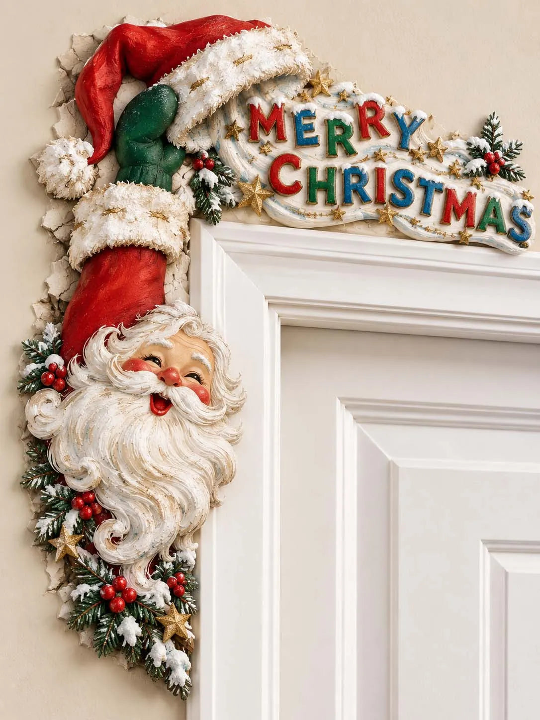⭐ "Merry Christmas Vintage Santa Face with Starry Snow" Door Corner Frame Decor