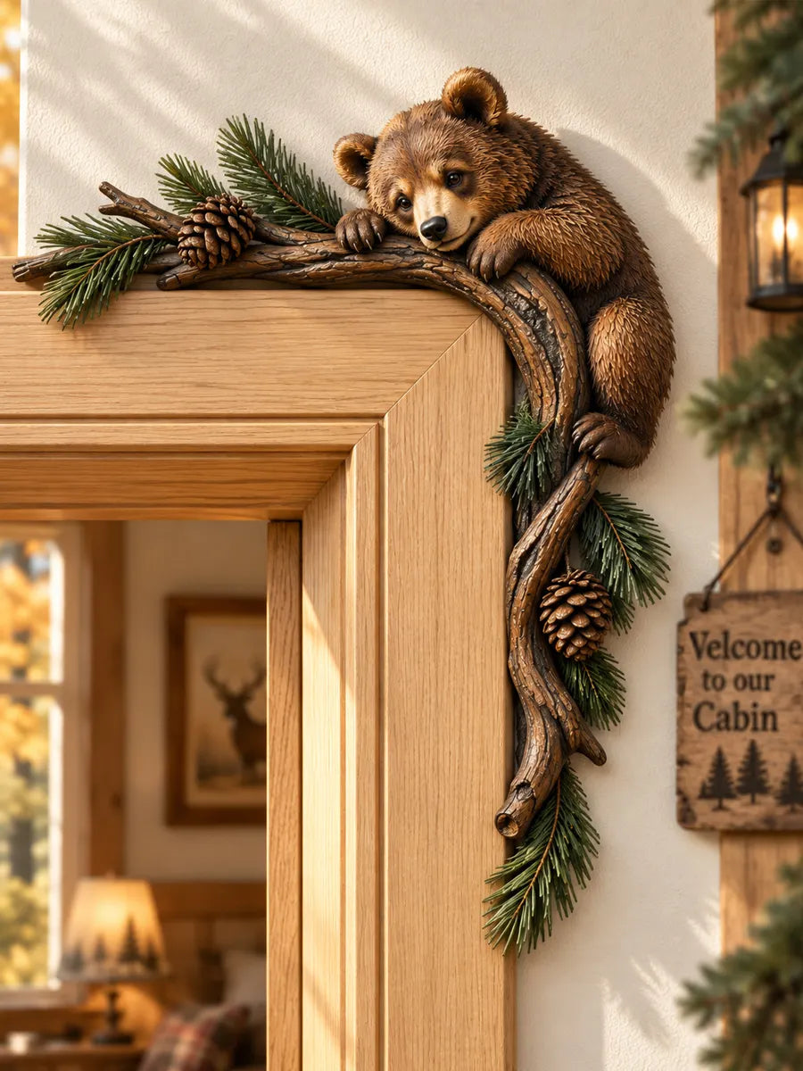 Rustic Bear Door Frame Decor – Wooden Pinecone & Evergreen Accent