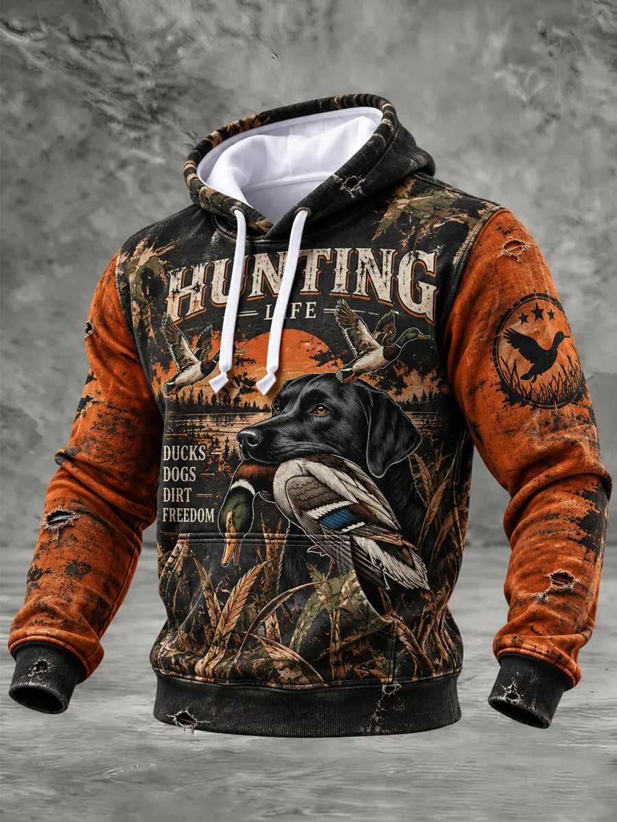 Men's Retro Hunting Culture Print Casual Hoodie