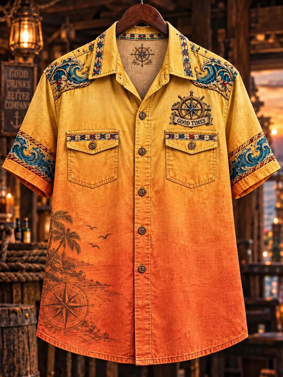 Men’s Vintage  "LOST IN THE WAVES " Old Salt Printed Short Sleeve Shirt