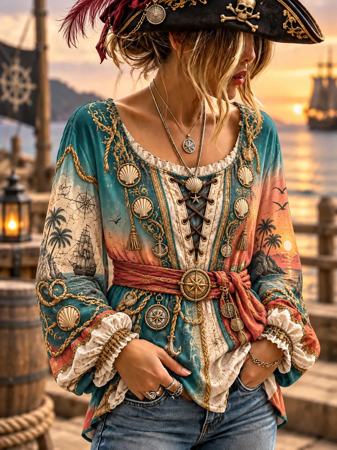 Women's Vintage-Style Pirate Art Print Casual Top