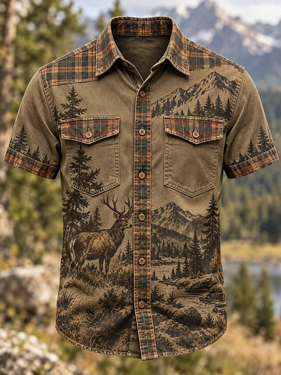 Men's Retro Hunting Culture Print Short Sleeve Button-Up Shirt