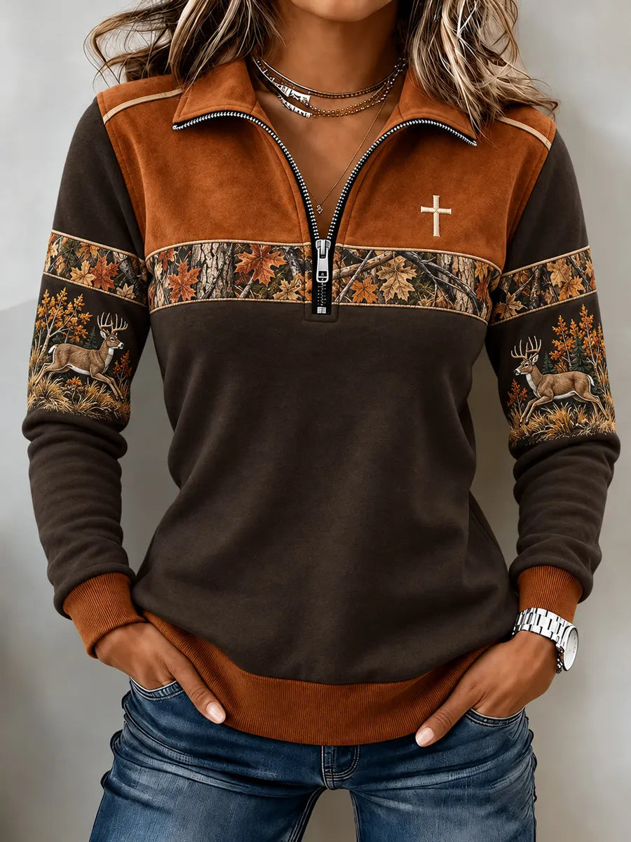Women's Vintage  Retro Hunting Culture Faith Art Print Colorblock Half-Zip Sweatshirt