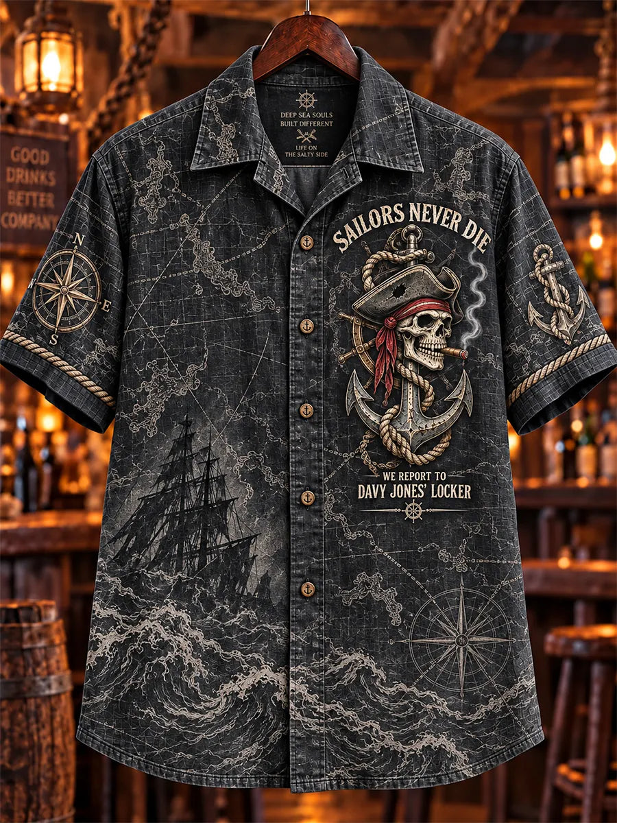 🏴‍☠️ 💀 "Sailors Never Die" Pirate Skull Denim Shirt⚓