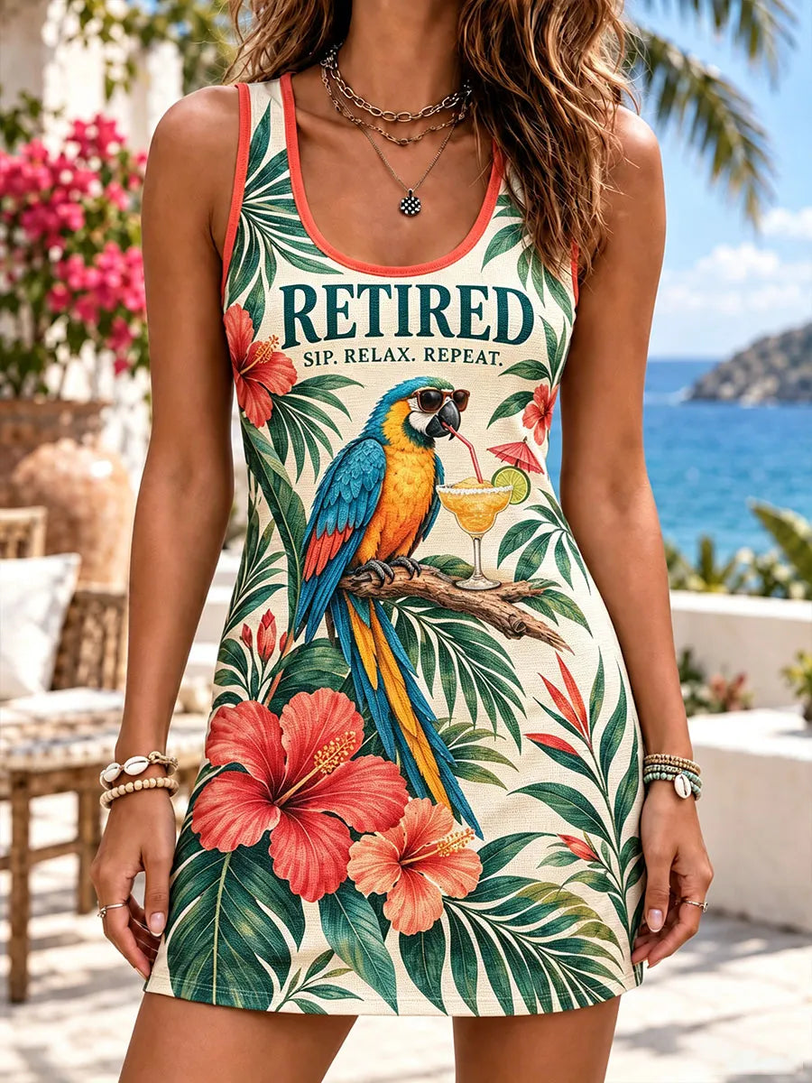 Women’s Retirement Parrot & Cocktail Sleeveless Dress