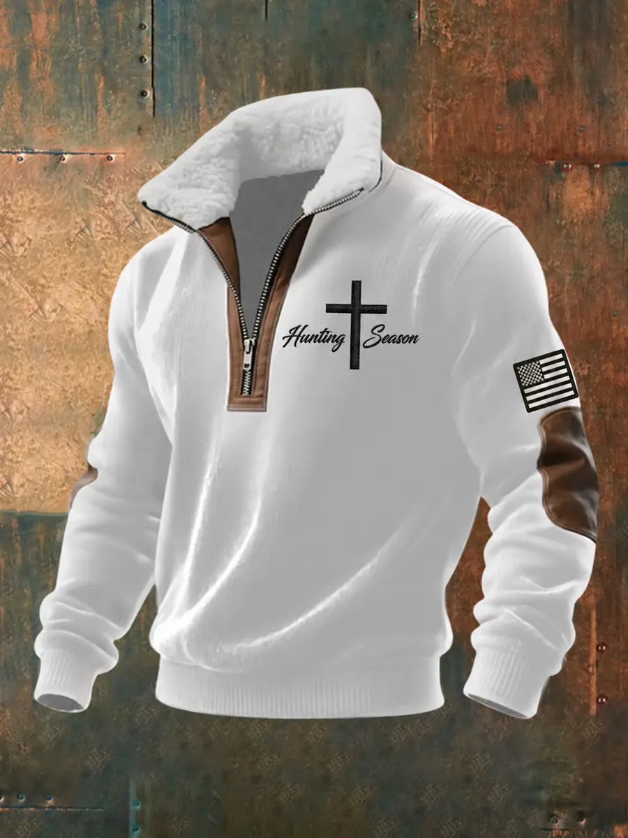 Retro Hunting Culture Faith Print Casual Zip-Up Sweatshirt
