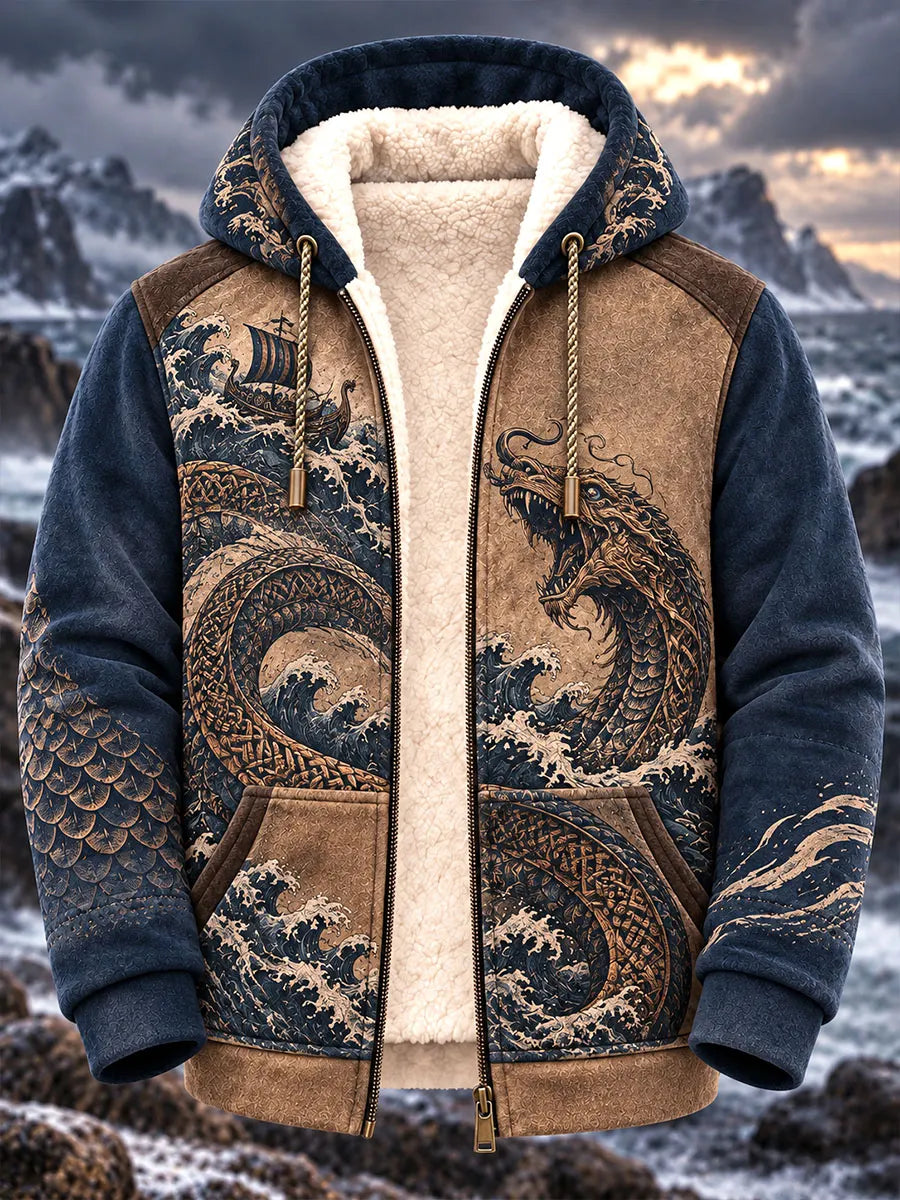 Men’s Norse Sea Serpent & Waves Fleece-Lined Hooded Jacket