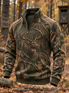 Men's Retro Deer Hunting Print Casual Zip-Up Sweatshirt