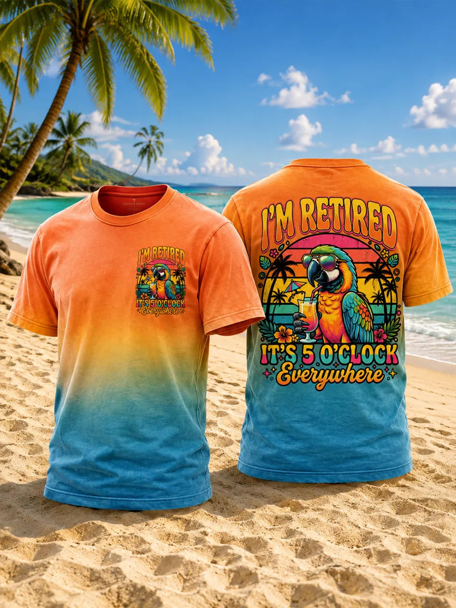 Men's "I'm Retired, It's Five o'clock Everywhere Now" Parrot Print Casual T-shirt