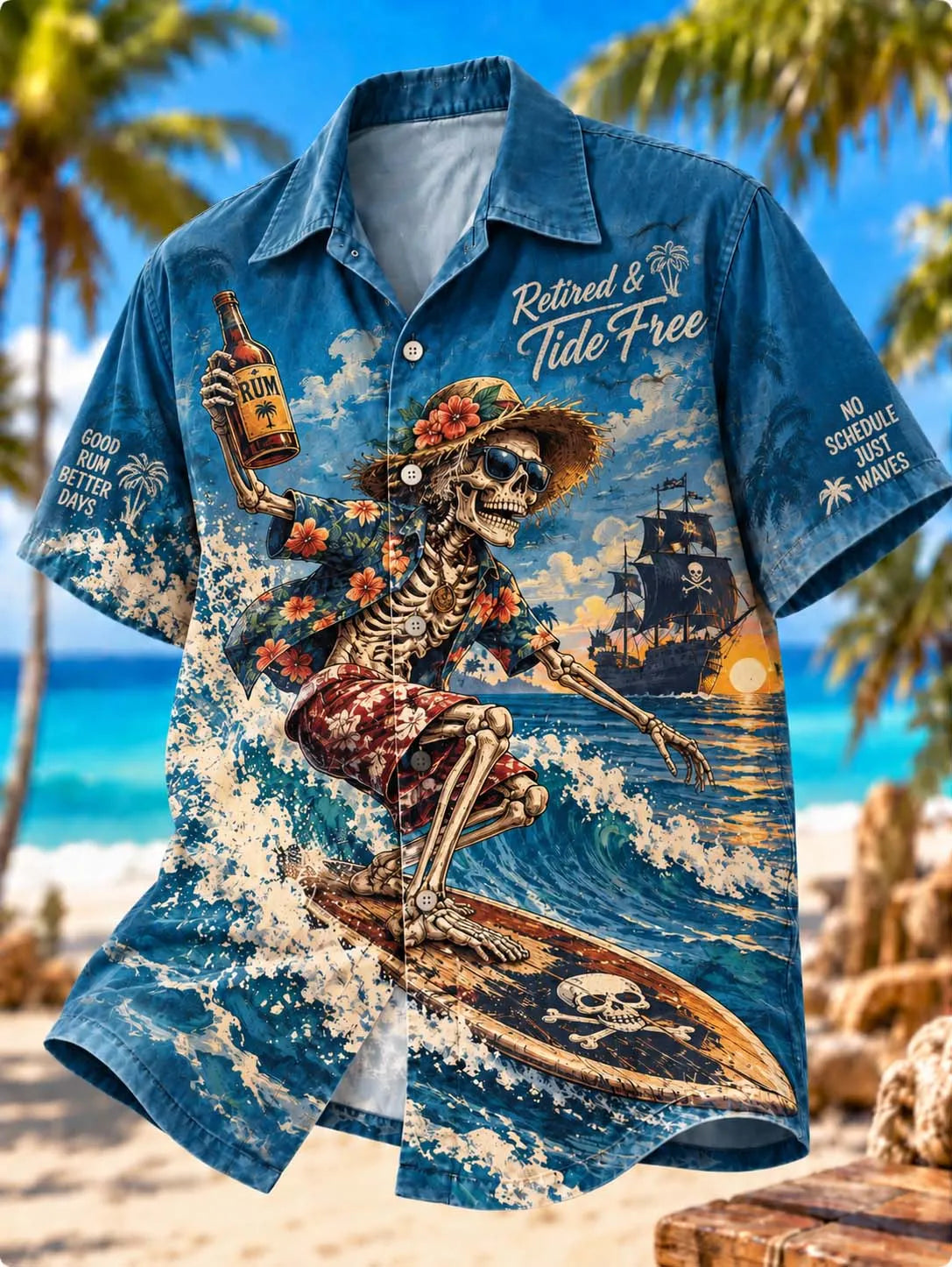 🌴🍻 Retired No Clock No Boss Rum Lover Hawaiian Shirt | Skeleton Bar Vacation Aloha Shirt