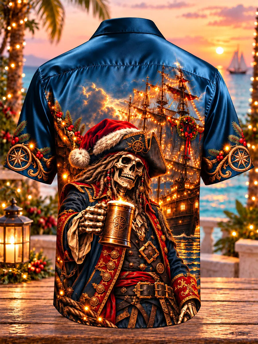 Men’s Christmas Pirate Skeleton Print Short-Sleeve Shirt