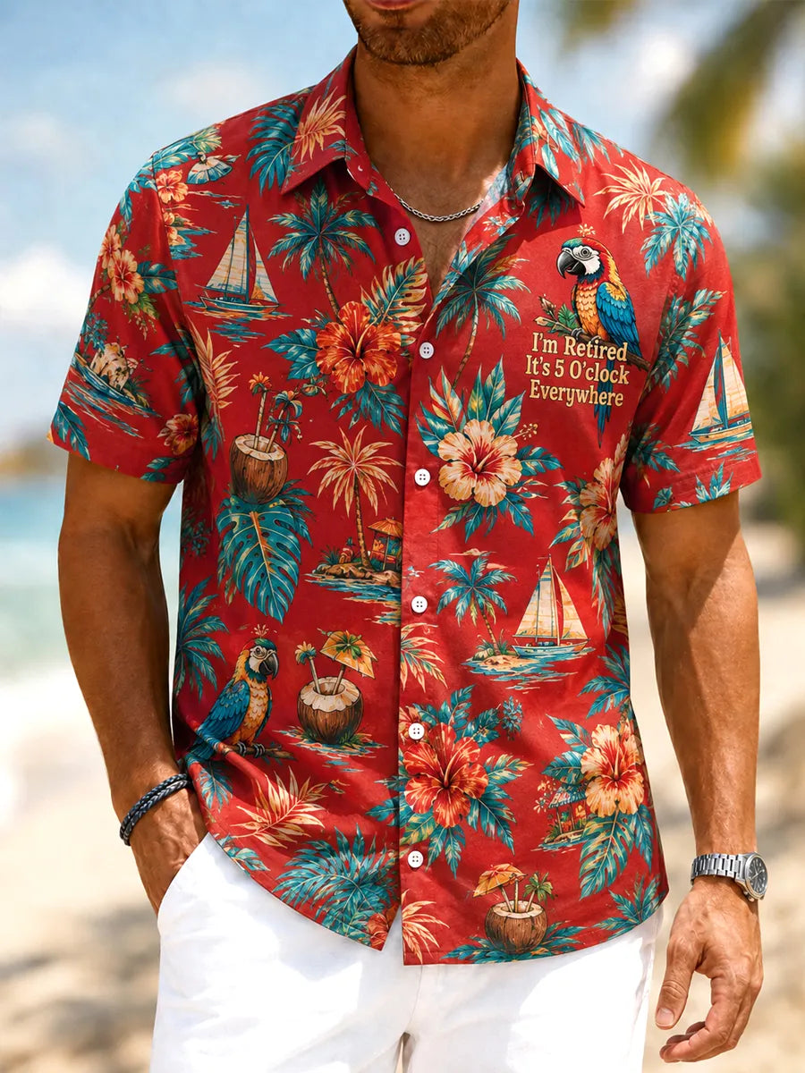 Men's I'm Retired It's 5 O'clock Everywhere Parrot Floral Print Casual Short Sleeve Shirt