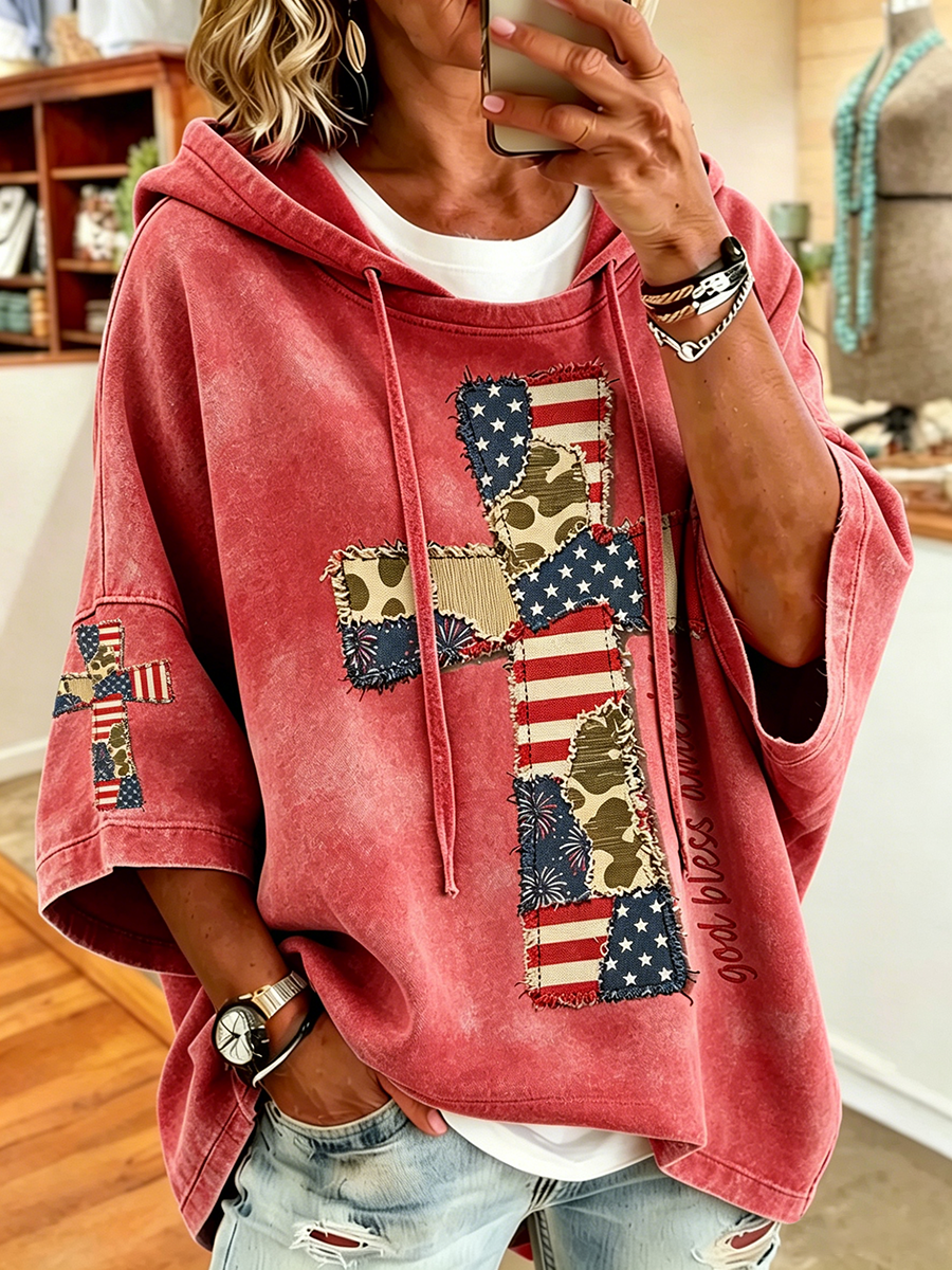 Women'S Retro Faith Cross Printed Hoodie