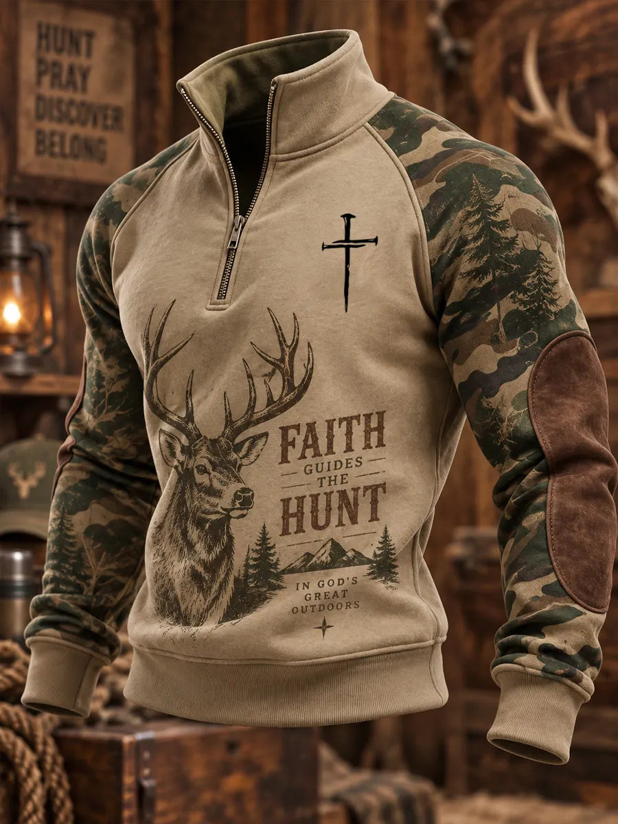 Retro Hunting Culture Faith Print Casual Zip-Up Sweatshirt