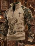 Retro Hunting Culture Faith Print Casual Zip-Up Sweatshirt