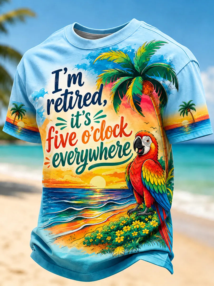 Men's "I'm Retired, It's Five o'clock Everywhere Now" Parrot Print Casual T-shirt