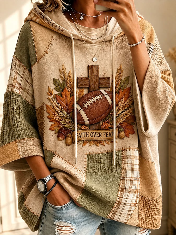 Women's Autumn "Faith" Rugby-Style Color-Block Print Comfortable Hoodie