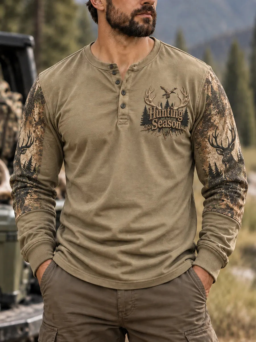 Men’s Retro Hunting Culture Print Casual Long Sleeve Henley Shirt