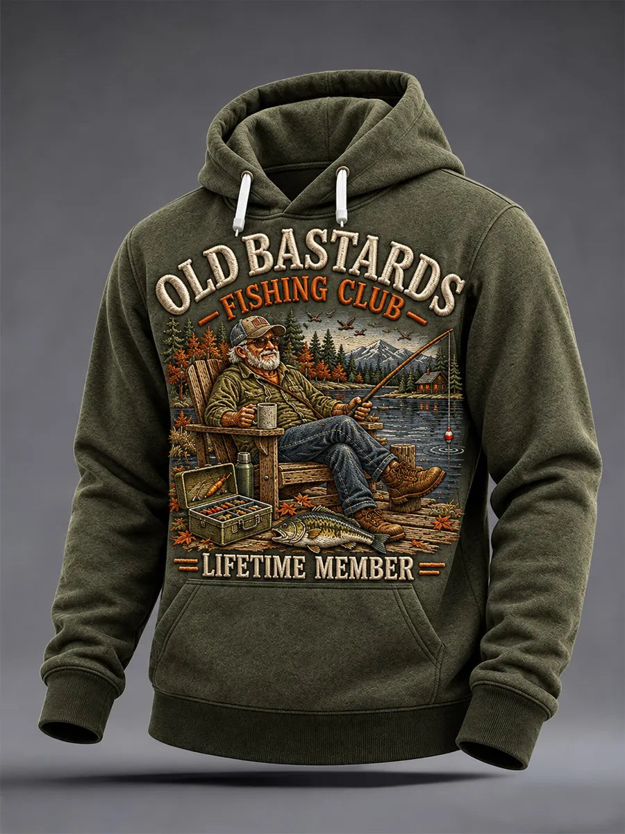 Men's Funny Old Bastards Fishing Club Lifetime Member Print Oversized Drop-Shoulder Hoodie With Pockets