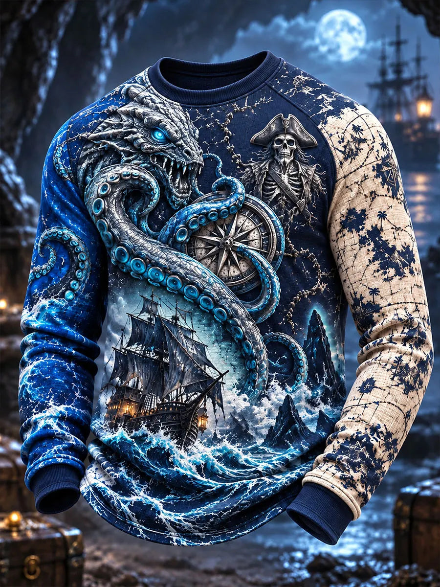 Moonlit Kraken Pirate Ship Men's Dark Nautical Long Sleeve Shirt