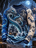 Moonlit Kraken Pirate Ship Men's Dark Nautical Long Sleeve Shirt