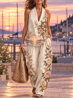 Women’s Nautical Rose & Anchor Print Halter Top & Wide-Leg Pants Set
