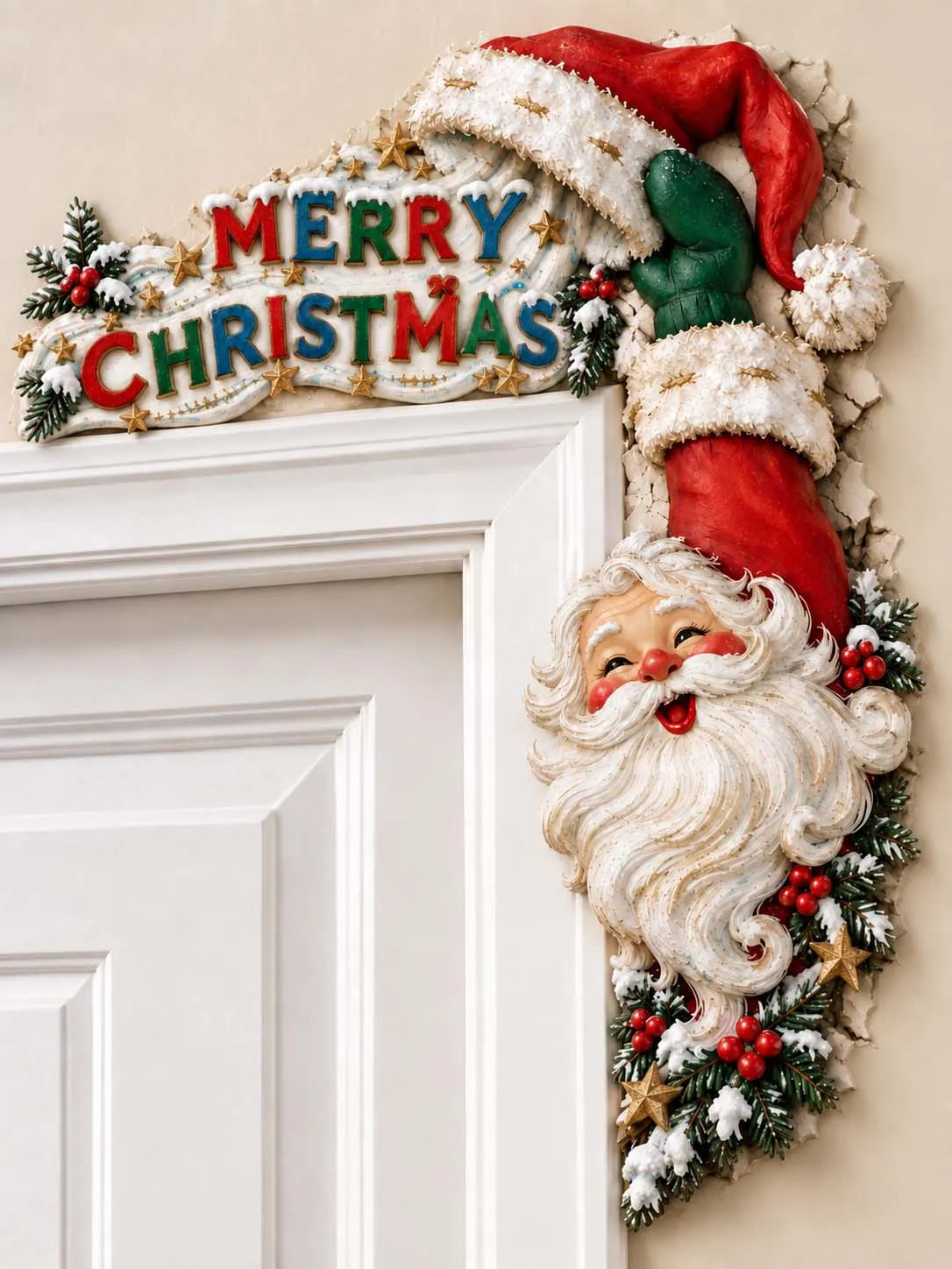 ⭐ "Merry Christmas Vintage Santa Face with Starry Snow" Door Corner Frame Decor