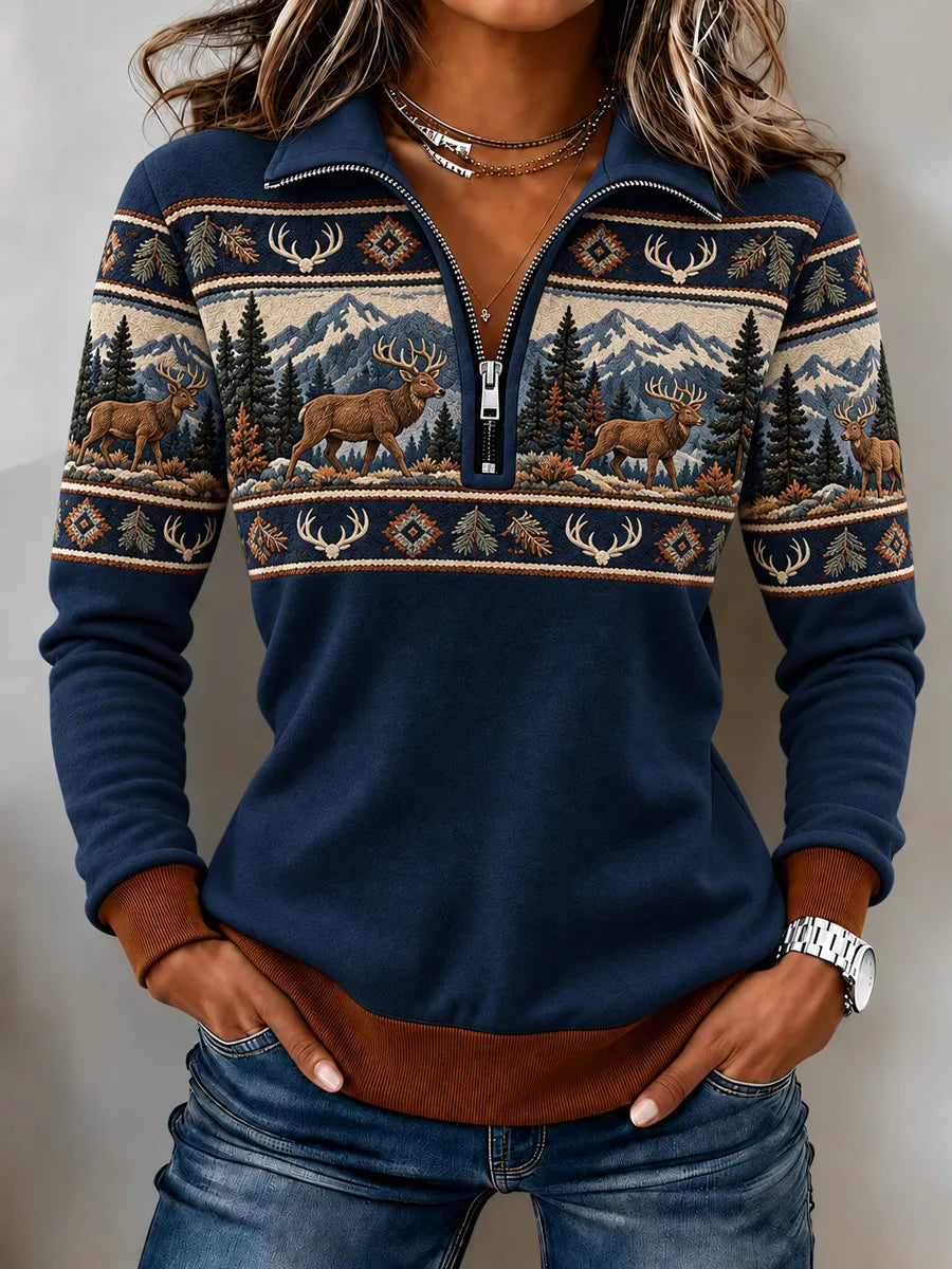 Women's Vintage  Retro Hunting Culture Art Print Colorblock Half-Zip Sweatshirt