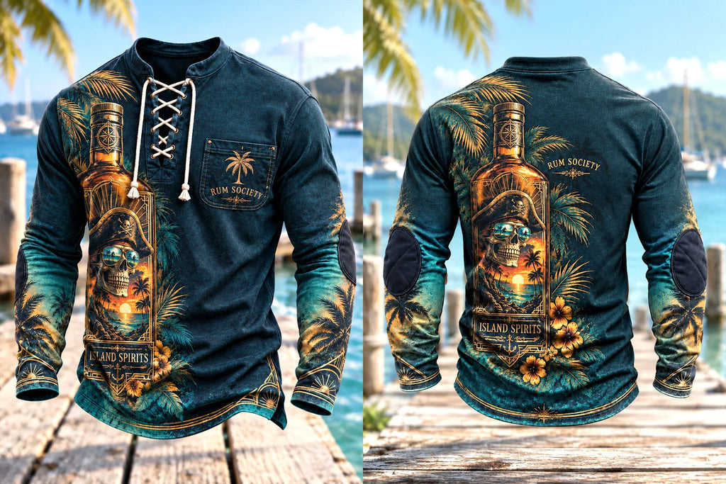 Men's Rum Bottle Pirate Skull Lace-Up Long Sleeve Shirt