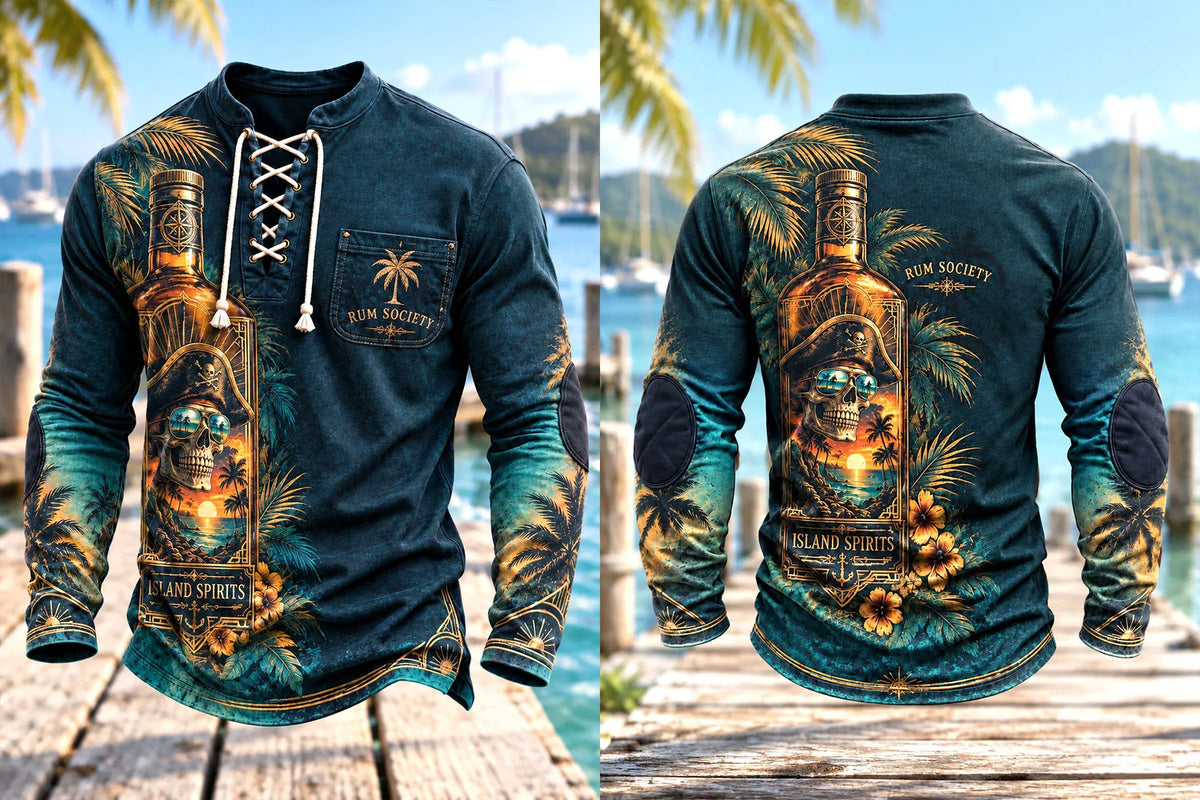 Men's Rum Bottle Pirate Skull Lace-Up Long Sleeve Shirt