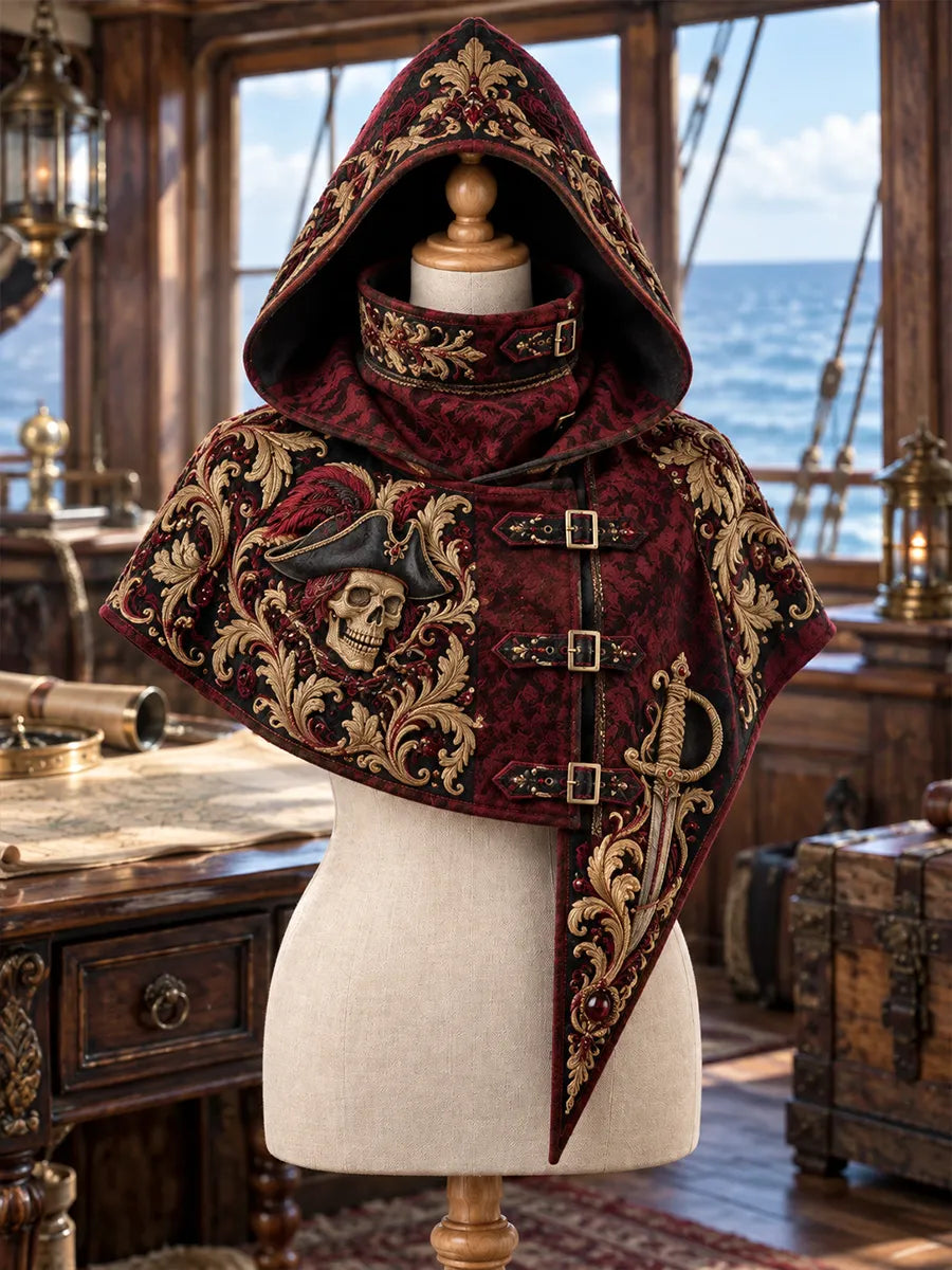 💀 Crimson Pirate Captain Hooded Cape – Baroque Skull & Golden Filigree Gothic Cloak