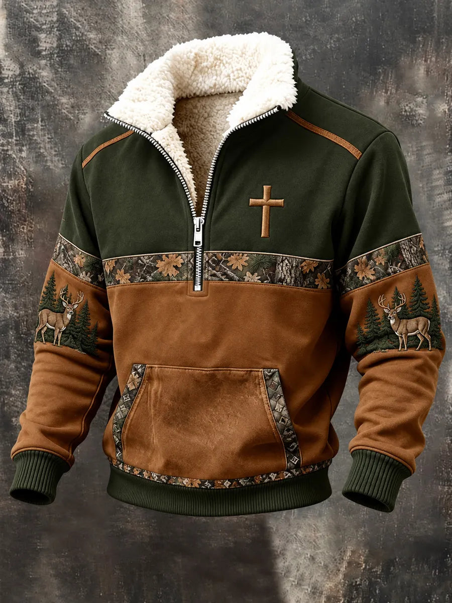 Retro Hunting Culture Faith Print Casual Zip-Up Sweatshirt