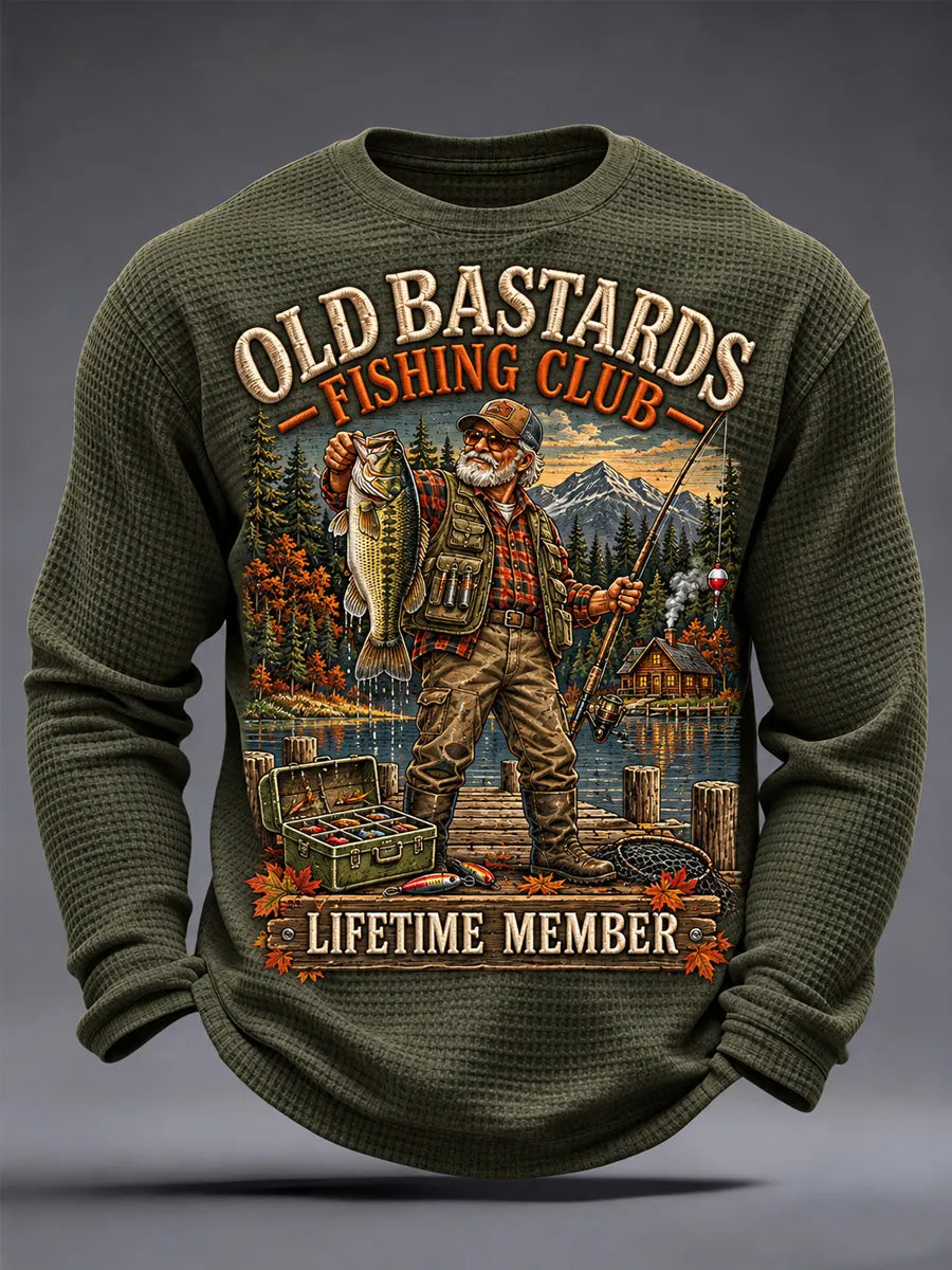 Men's Funny Old Bastards Fishing Club Lifetime Member Print Waffle Long Sleeve Top