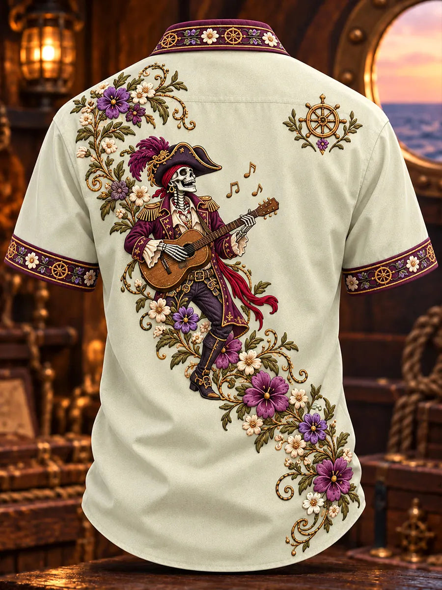 Guitar Pirate Skeleton Floral Short Sleeve Shirt