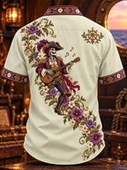 Guitar Pirate Skeleton Floral Short Sleeve Shirt