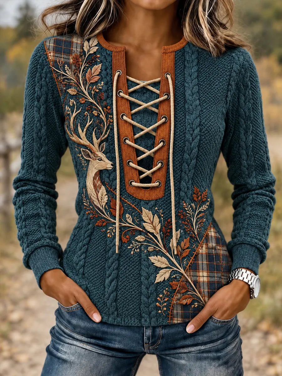 Women's Vintage Retro Hunting Culture Reindeer Print Stitch-Detail Sweatshirt