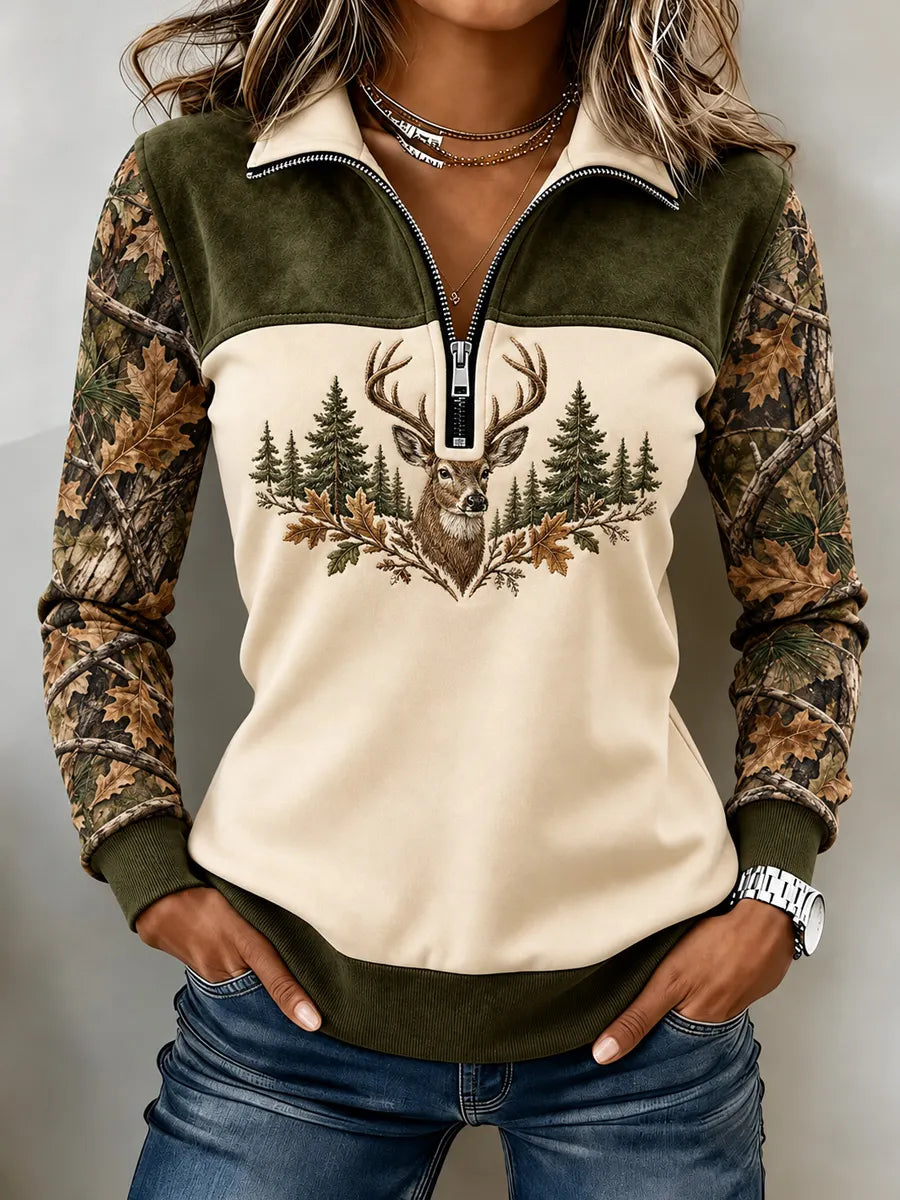 Women's Vintage  Retro Hunting Culture Faith Art Print Colorblock Half-Zip Sweatshirt