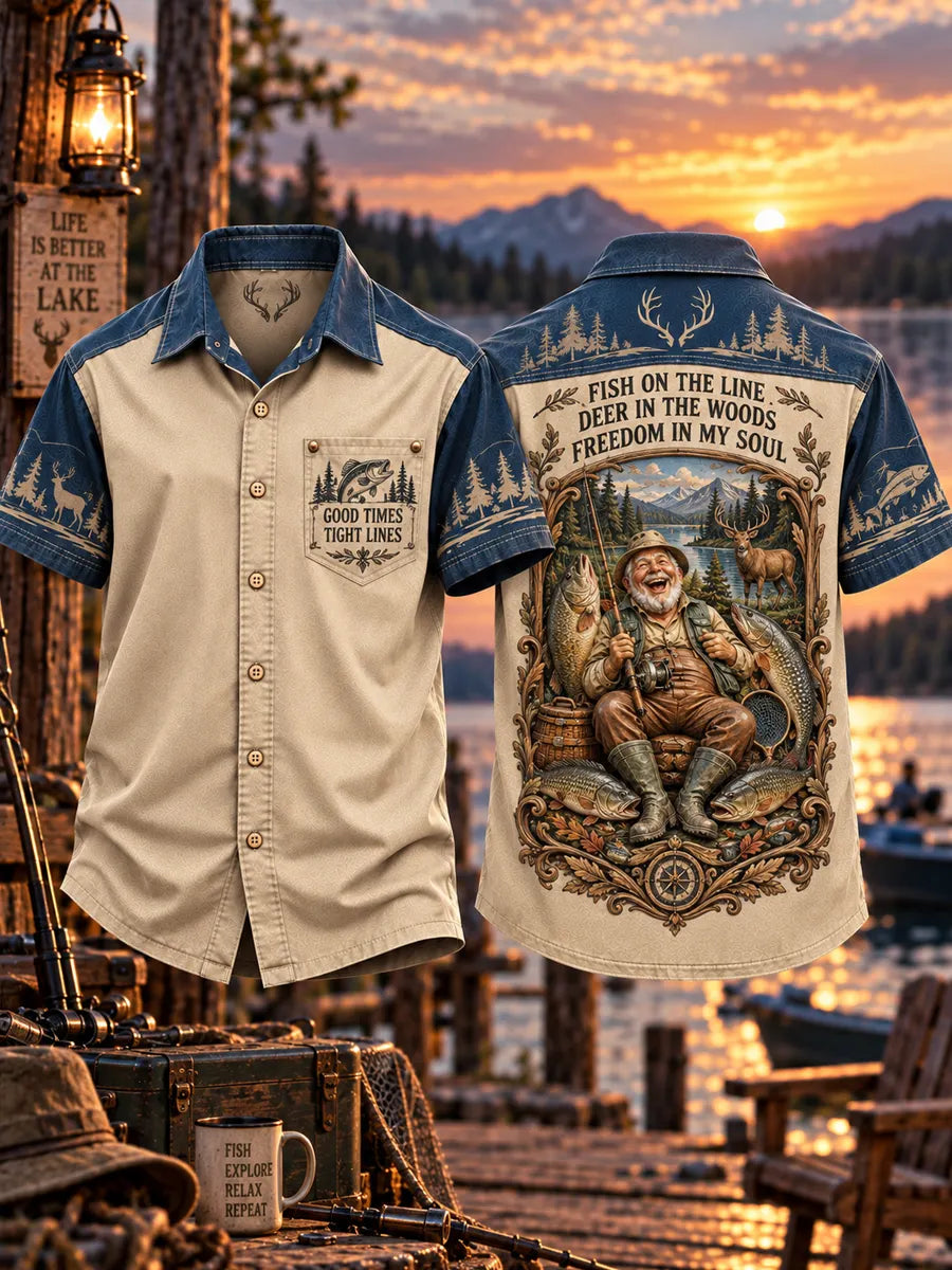 Men’s Vintage “FISH ON THE LINE · DEER IN THE WOODS · FREEDOM IN MY SOUL” Fishing Short Sleeve Shirt
