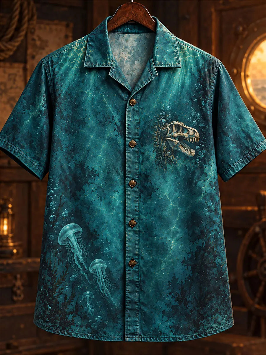 Men’s Vintage Deep-Sea Dinosaur Skeleton & Sunken Treasure Short-Sleeve Shirt