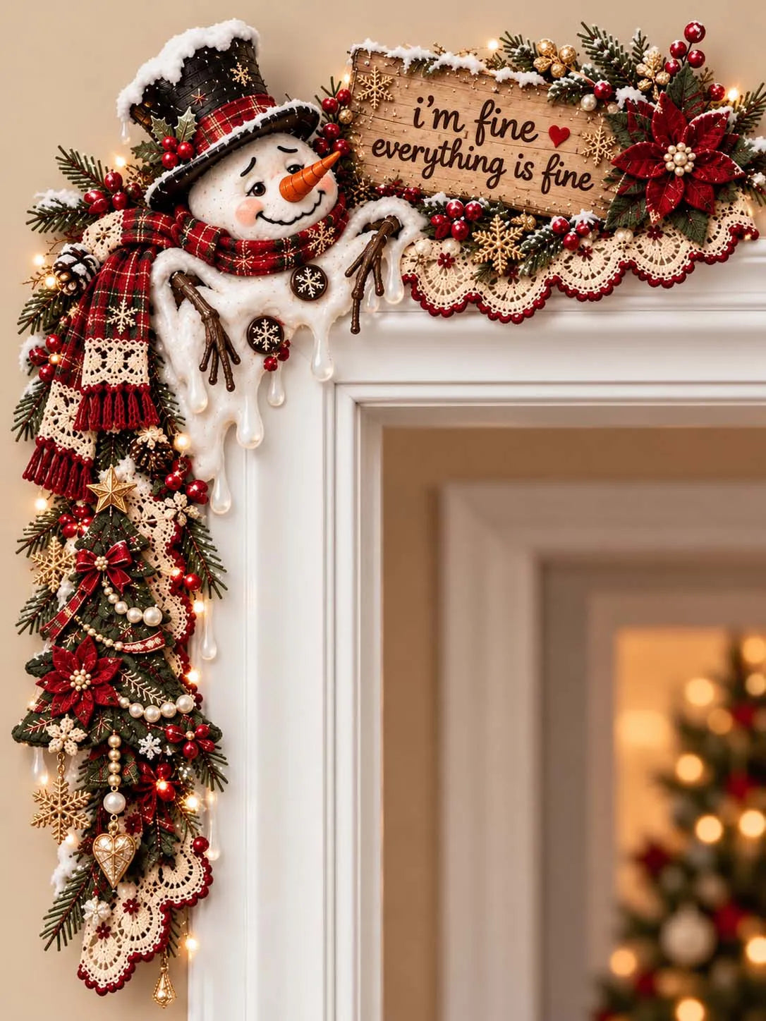 🎀 Elegant Ruffle Trim Snowman Door Corner Topper 🎄