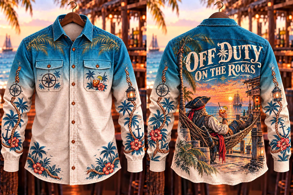 Men's Vintage Tropical Island Pirate Print Casual Long Sleeve Shirt
