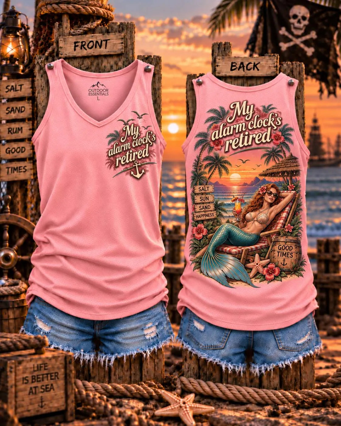 🏖️ My Alarm Clock's Retired - Mermaid & Cocktail Beach Chair Tank